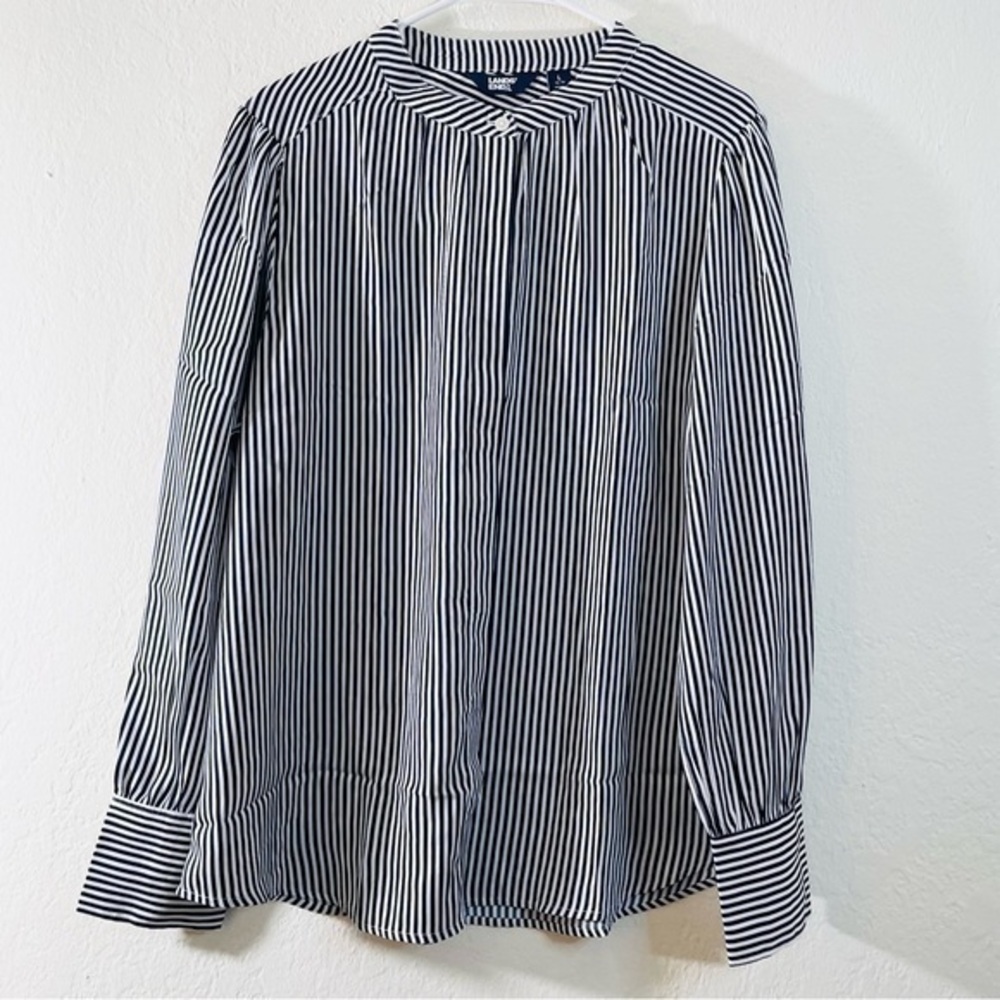 Lands End Long Sleeve Striped Button Down Shirt Women Size Large Black/White